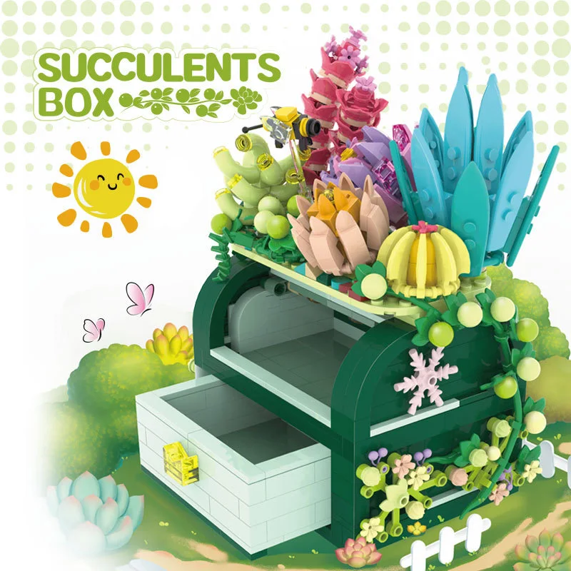 

Creative Cartoon Potting Succulent Plant MOC Mini Block Jewelry Box Building Bricks Model Toys Treasure Chest For Girls Gifts