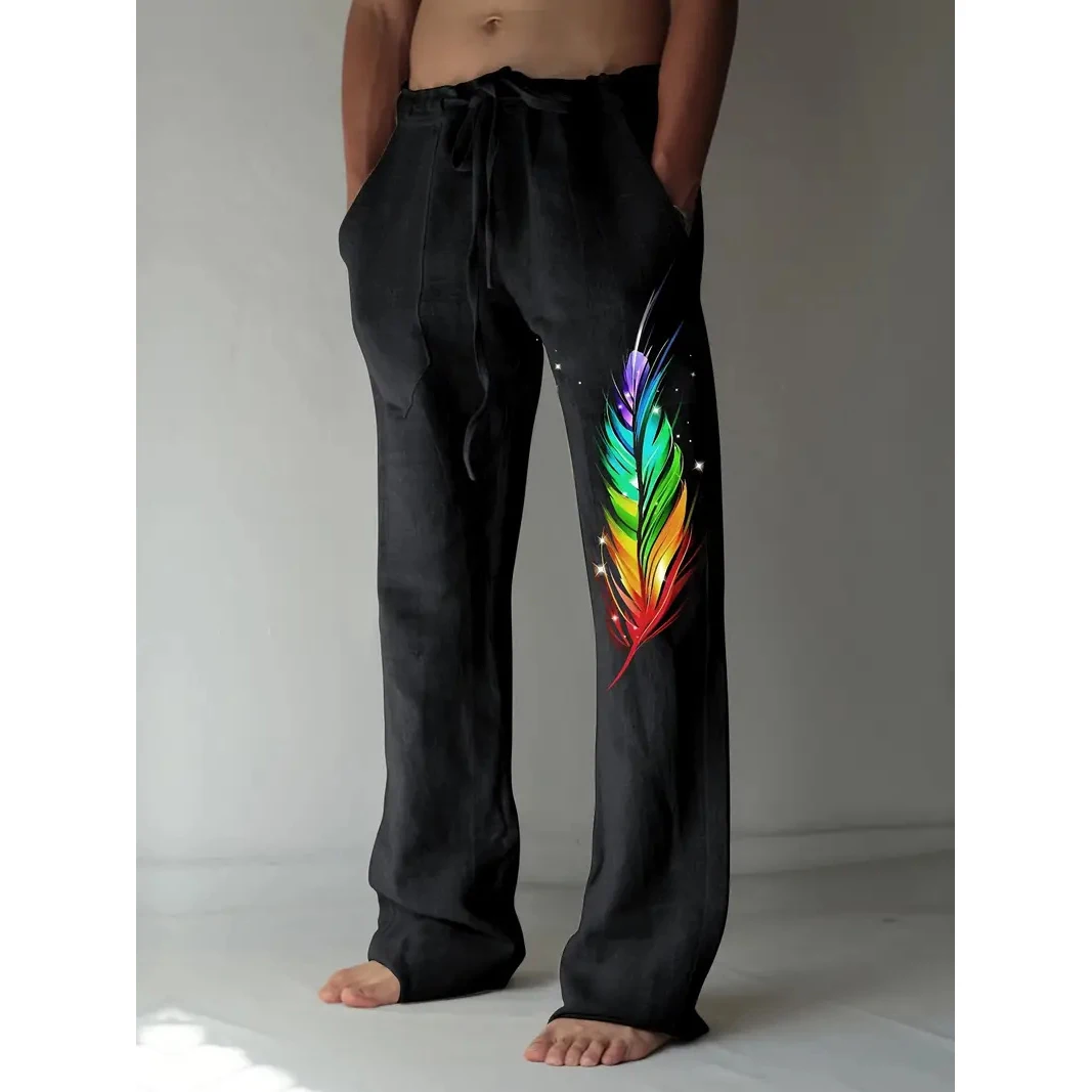 Vintage rainbow feather print men's new winter pants Fashion men's sweatpants Men's loose casual pocket drawstring sweatpants