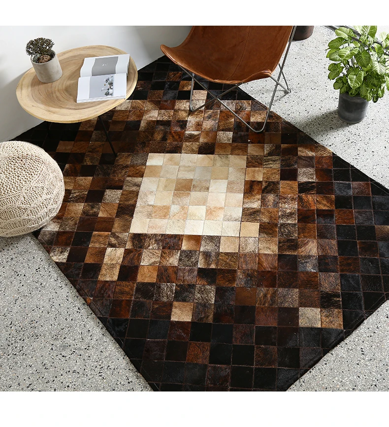 American style luxury natural brown color cowhide patchwork rug  , genuine calfskin fur chequer carpet  for living room