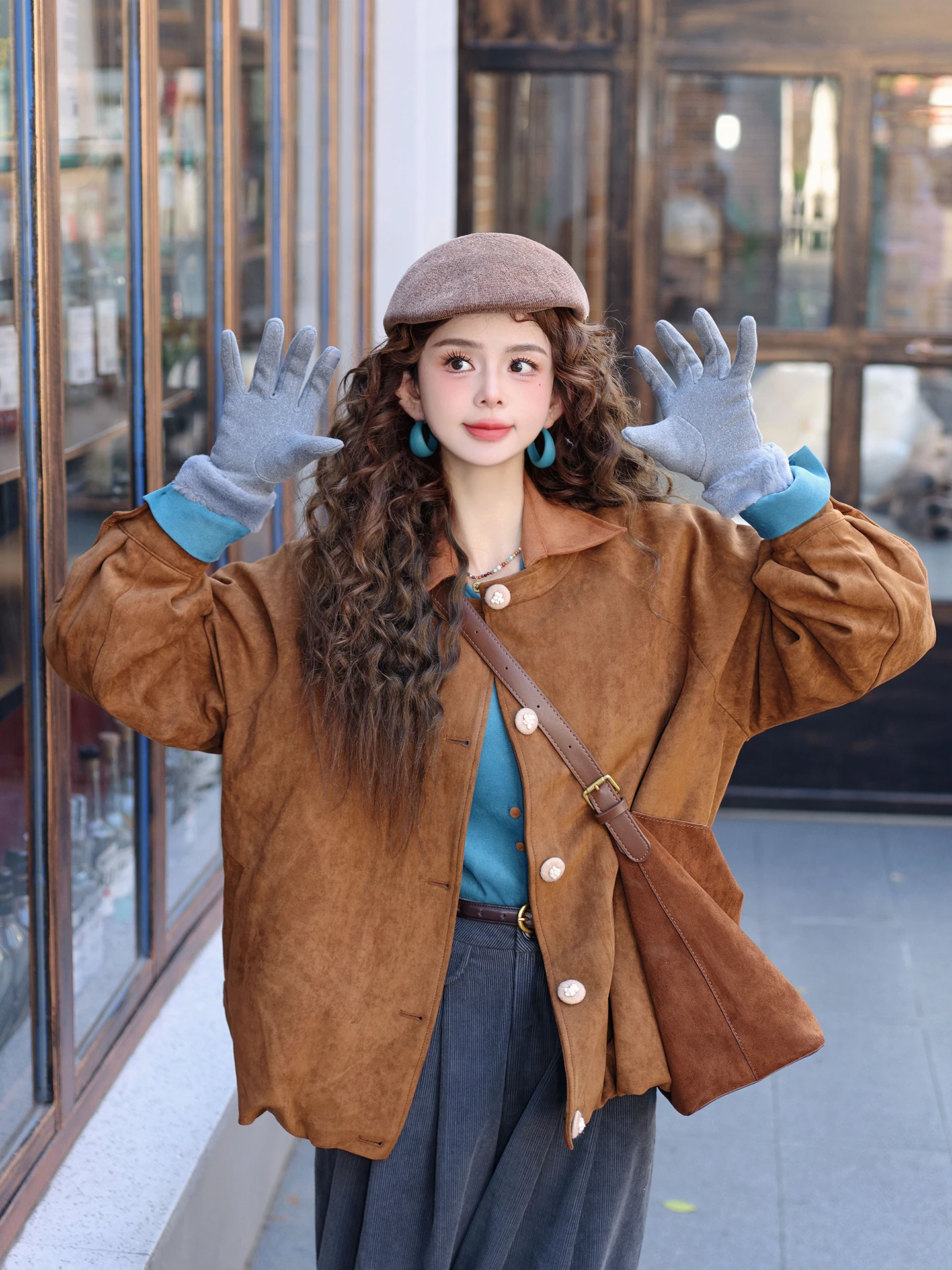 

Chend Vintage Suede Jaet Women's round Ne Single Button Coffee Color Loose Top Pure Color Commute Sle Long Sve