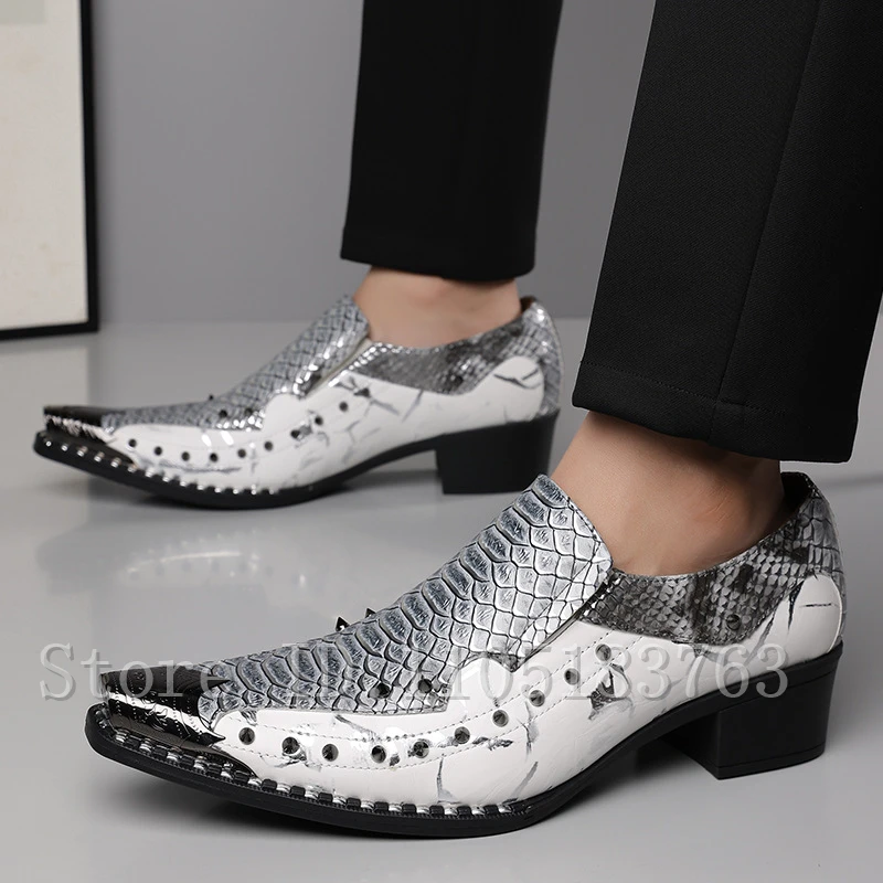 Men Snake Skin Print Pointed Toe Loafers Rivet Studded Color Block Chunky Heel Party Wedding Formal Fashion Dress Shoes