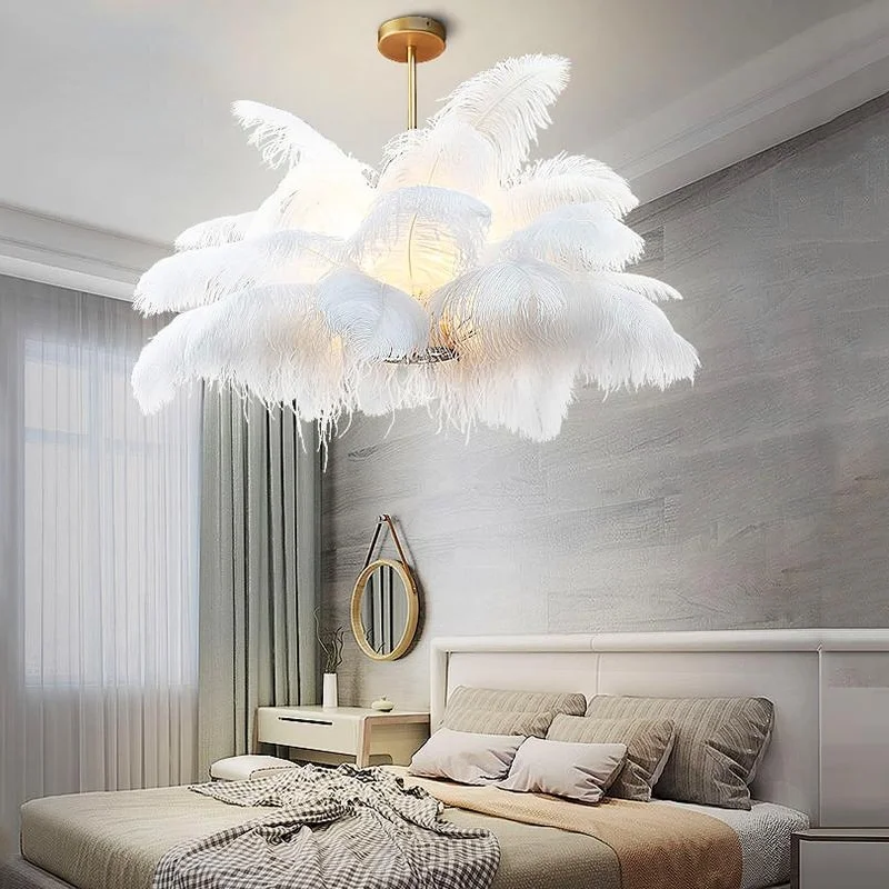 Nordic luxury chandelier, postmodern white feather chandelier, bedroom, living room, cafe lighting, lamps