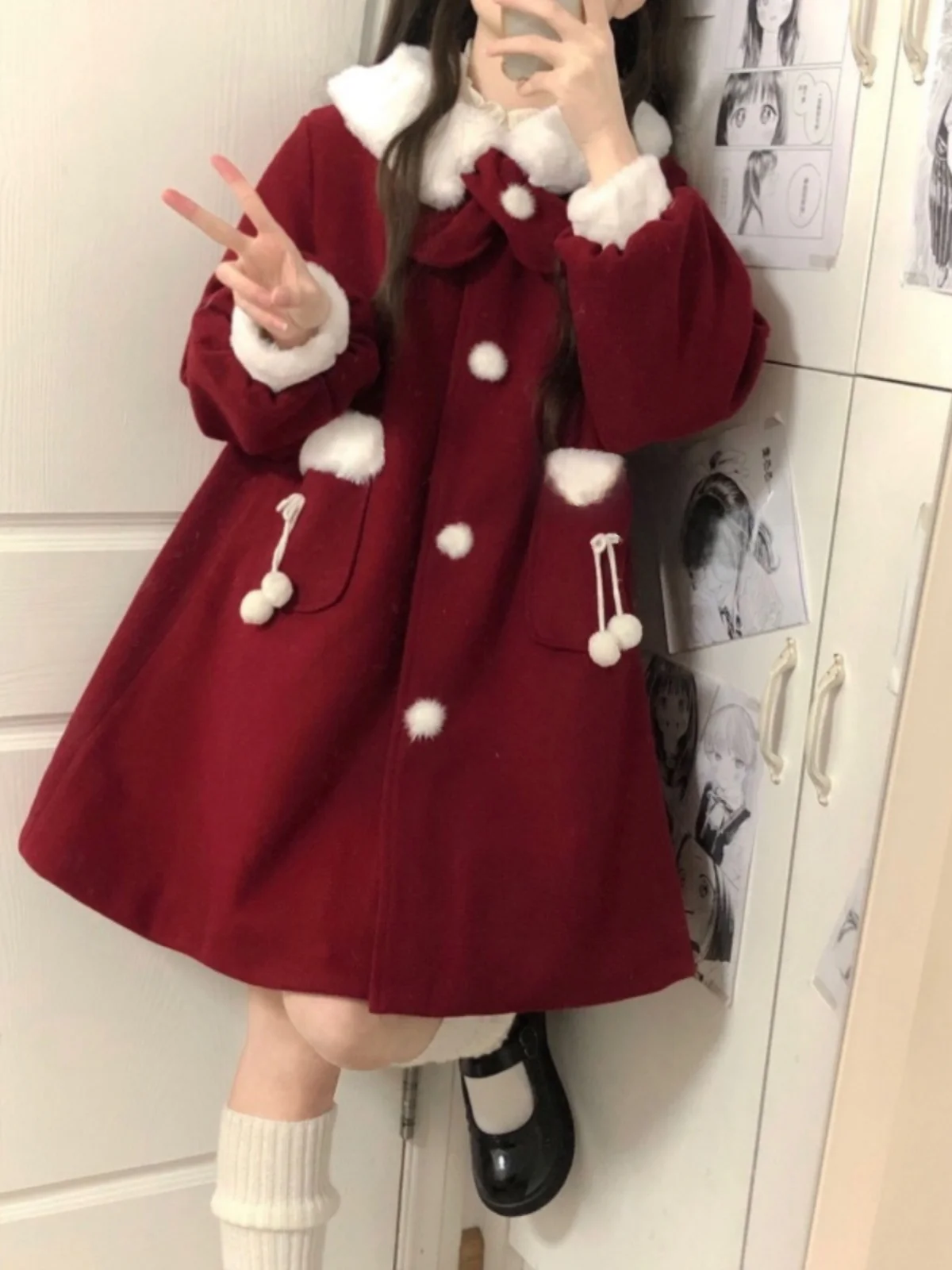 

Красное женское зимнее стеганое пальто с мисс новогодней атмосферой, шерстяное пальто небольшого размера с маннейным воротником