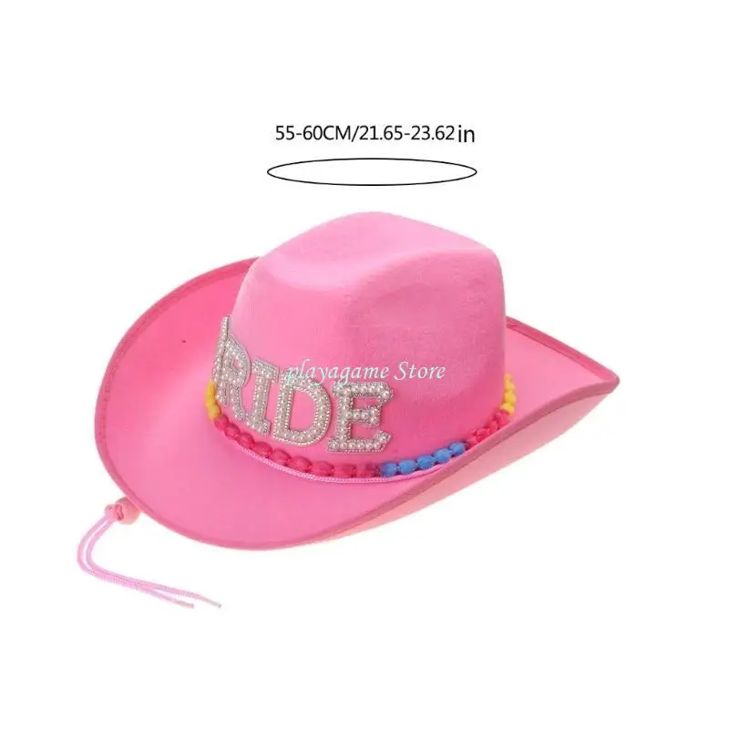Y88A قبعة راعية البقر لحفلات الزفاف مصنوعة يدويًا مع حرف العروس اللؤلؤي قبعة فيدوراس الغربية مع حبل الذقن الملون للعروس #6