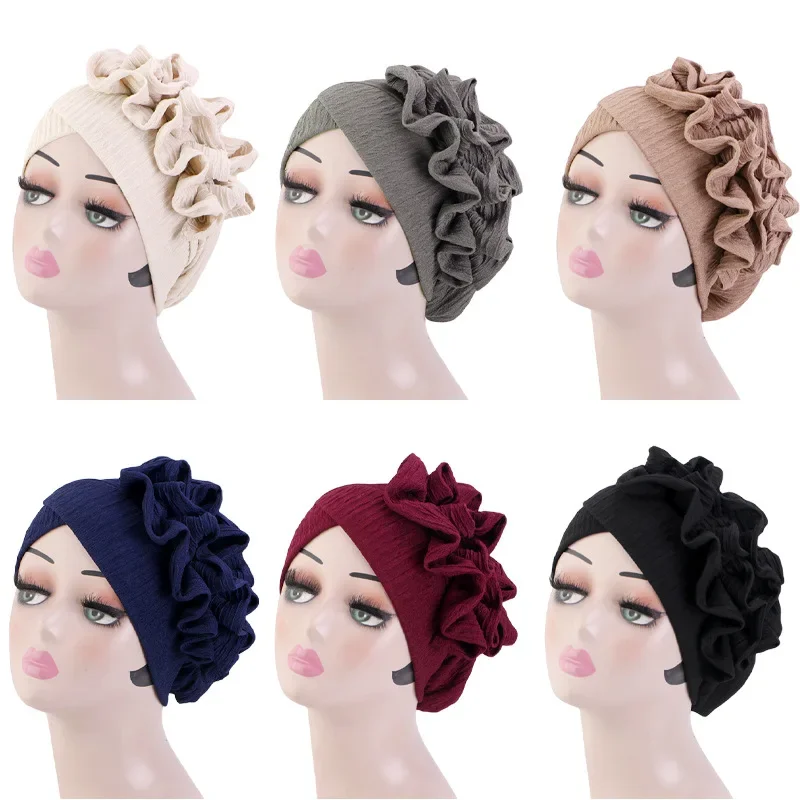 

Muslim Women Ruffle Hijab Turban Inner Hat Stretch Bonnet Pre-Tied Headscarf Cancer Chemo Cap Hair Loss Head Wrap Turbante Mujer