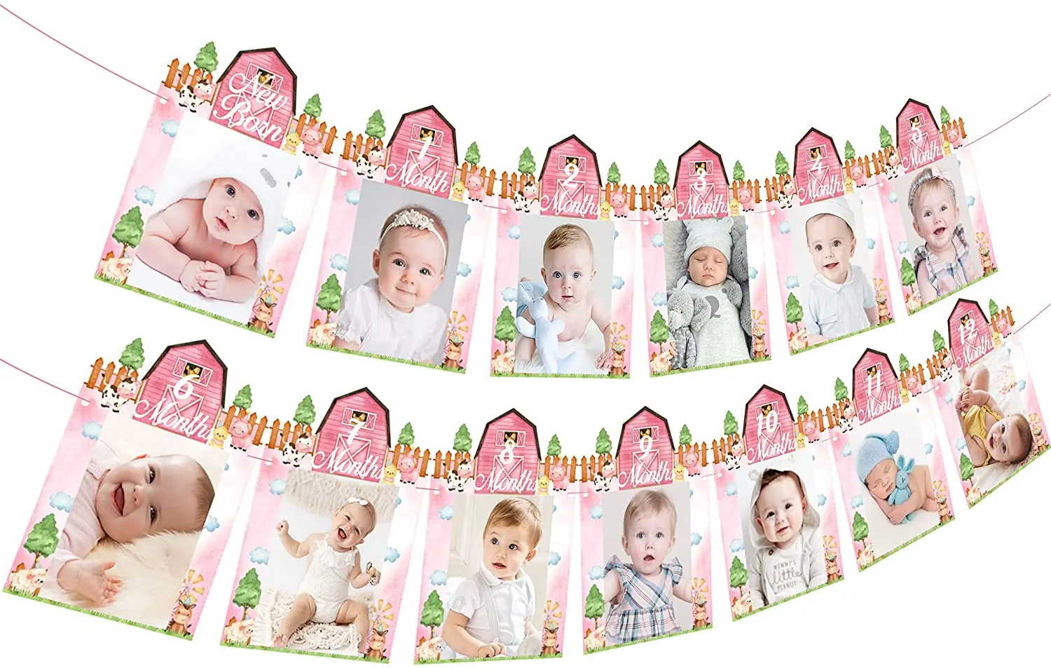 

Fangleland Farm Animals 1st Birthday Photo Banner Pink for Girl Farm Themed Party Decorations Newborn To 12 Months Photo Banner