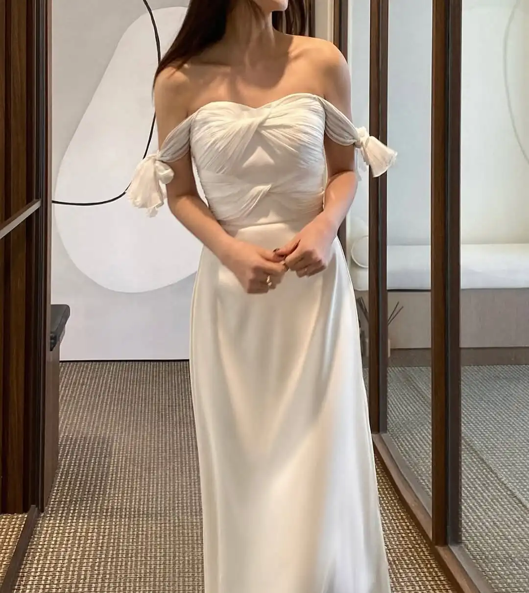 MODX Elegant Korea Sweetheart A-Line ชุดแต่งงานปิดไหล่โบว์จีบ เกาหลีถ่ายภาพที่กําหนดเองชุดเจ้าสาว