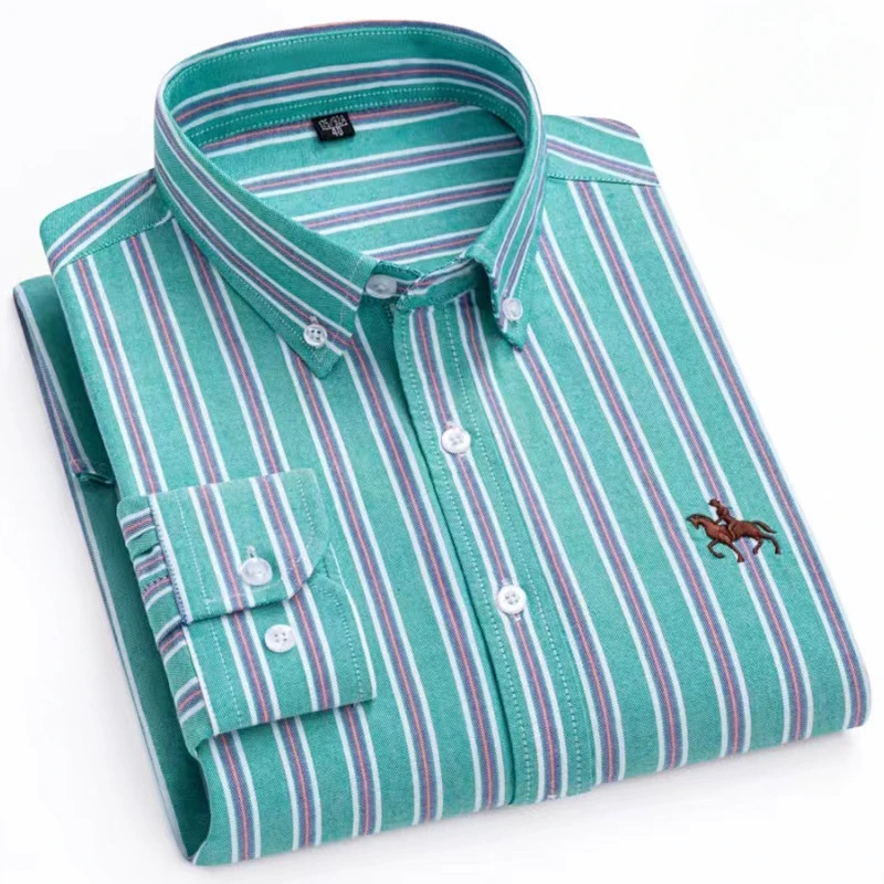 6XL 100% Cotton Oxford White Shirt Man Shirts Long Sleeve Casual Plaid striped Shirt Men Long Sleeve Solid Color Business Pocket