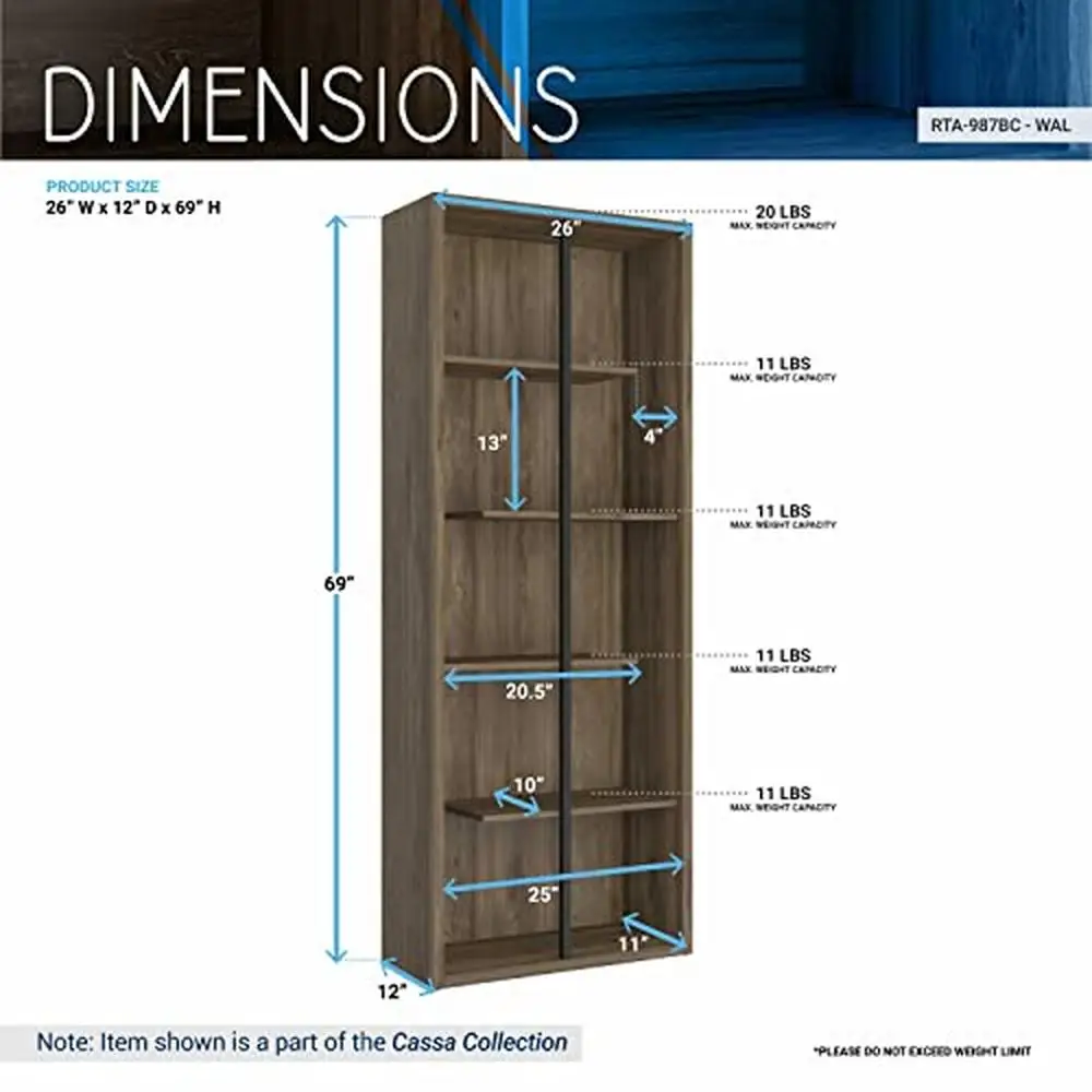 Scaffale per libri in noce a 5 livelli supporto per barra in metallo 26 "W x 69.1" H contenitore per camera da letto dell'ufficio