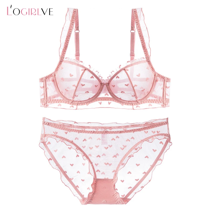 

Logirlve Ultrathin Pink Bra Set Sexy Lingerie Hollow Lace Brassiere Embroidery Women Underwear Set Plus Size C D E Cup Bras