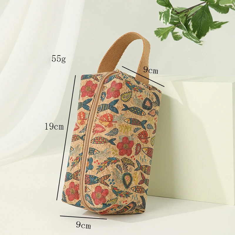 8pcs Cosmetic Bags Women Cork Leather Fruit Fish Printing Solid Large Capacity Protable Wash Bag With Wrist Mix Color