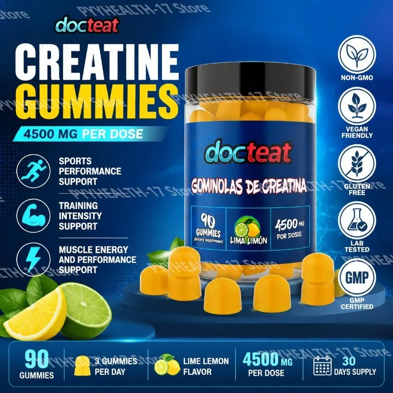 Docteat Creatine Monohydrate Gummies for Sports Performance and Training Intensity Muscle Energy Support Lime Lemon 90 Gummies