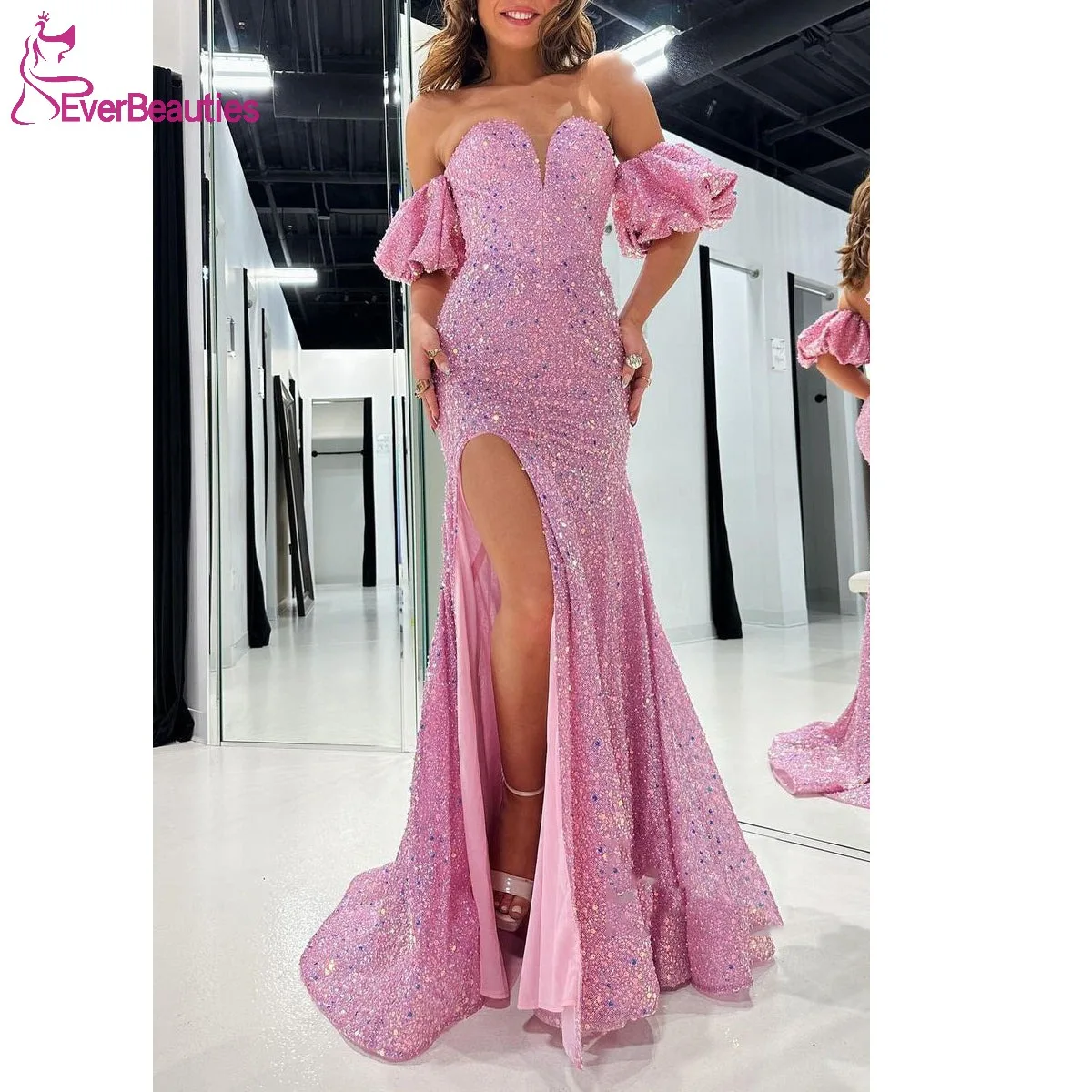 

Mermaid Sequin Prom Dresses Side Slit Evening Gown Short Sleeves Formal Party Dress Long for Women Vestidos De Gala Mujer