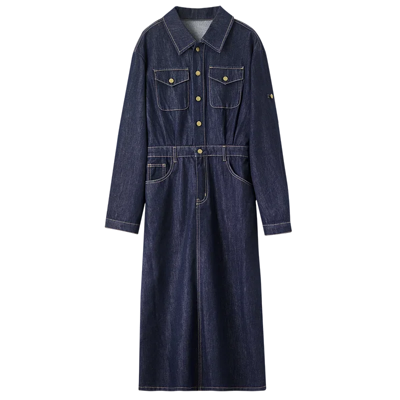 SENTUBILA Abiti in denim per donna 2025 Autunno Colletto rovesciato Tasche con bottoni Abito casual Abiti longuette a maniche lunghe W51L58809