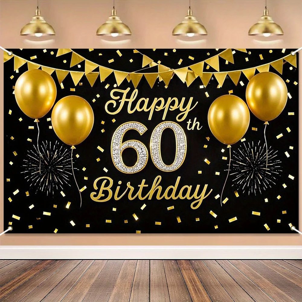 

1 шт. Элегантный черно-золотой баннер на 60-летие — блестящий «С 60-летие» с воздушными шарами, конфетти и фейерверком.