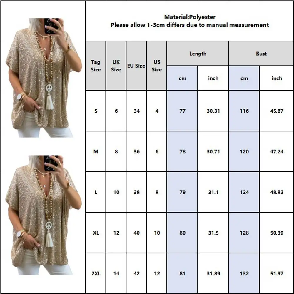 Women New T-Shirt Clothes Summer Casual Loose V-neck Pullover Tops Sequin Decoration Blended Fashion Solid Color Streetwear Tees