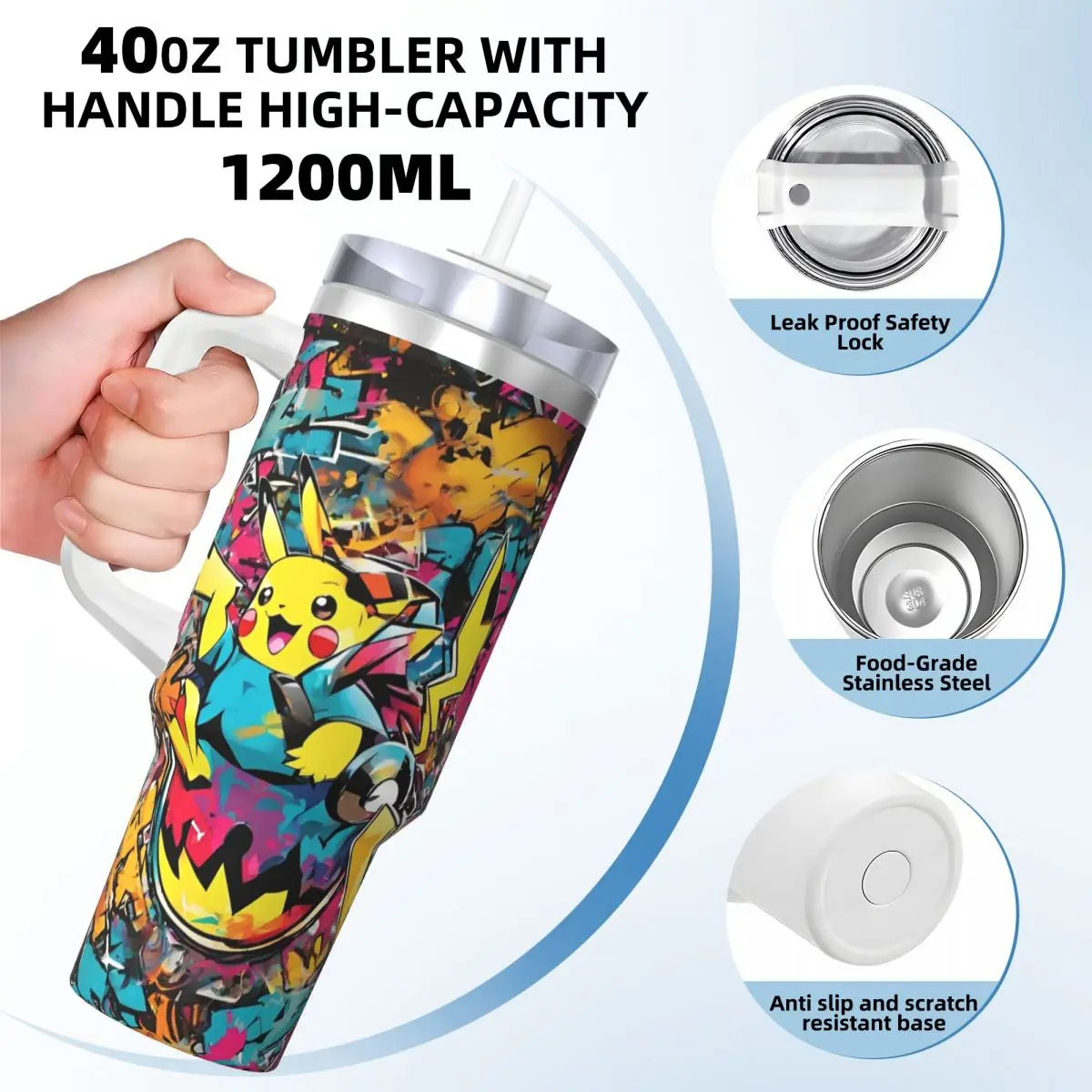 Japanese Anime Pokemon Stainless Steel Tumbler Beach Thermal Cups With Straws and Lid Large Capacity Car Mugs Cold Water Bottle