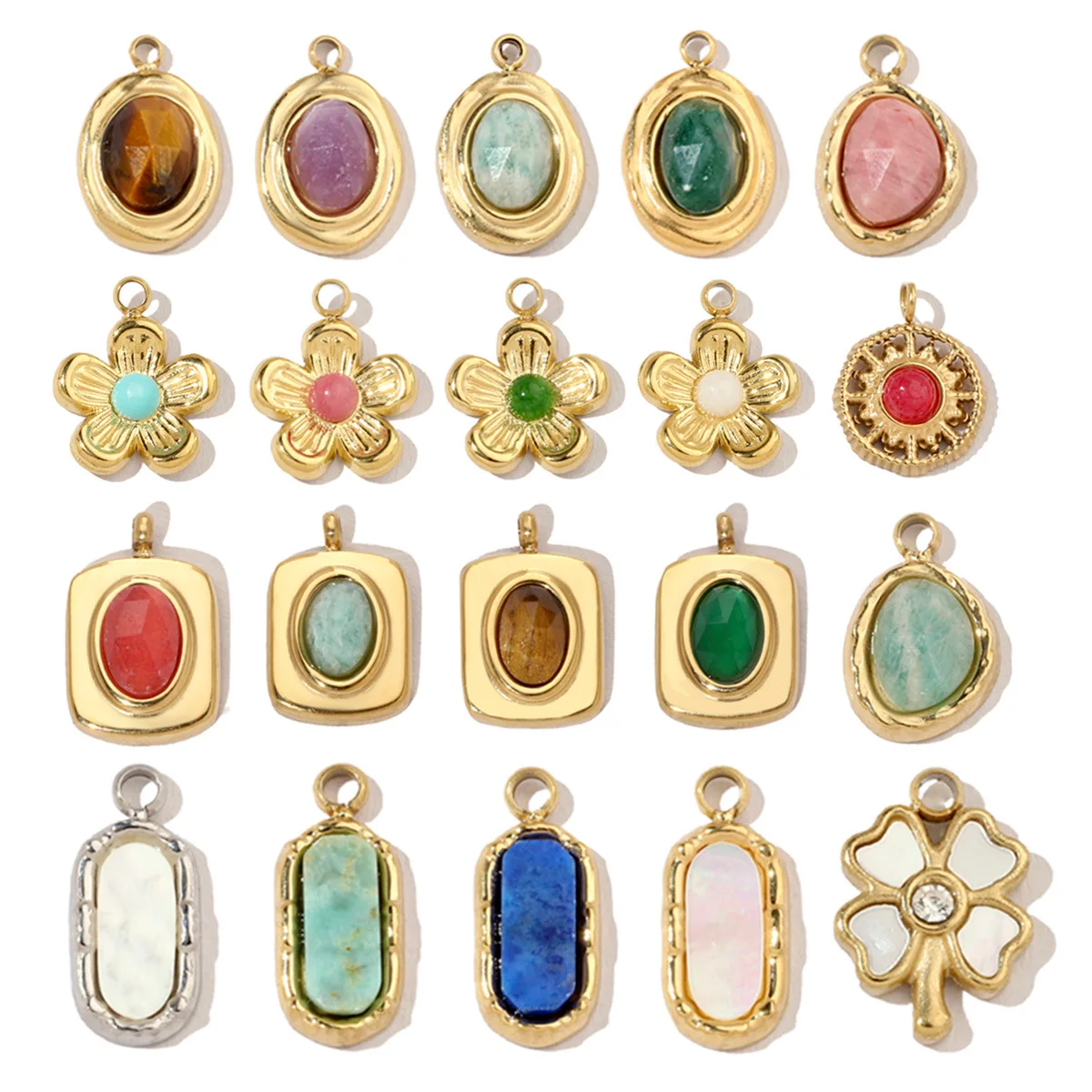 

1Pc Mini Stainless Steel Natural Stone Pendant Vintage Oval Flower Clover Jewelry Accessory for DIY Necklace Bracelet Keychain