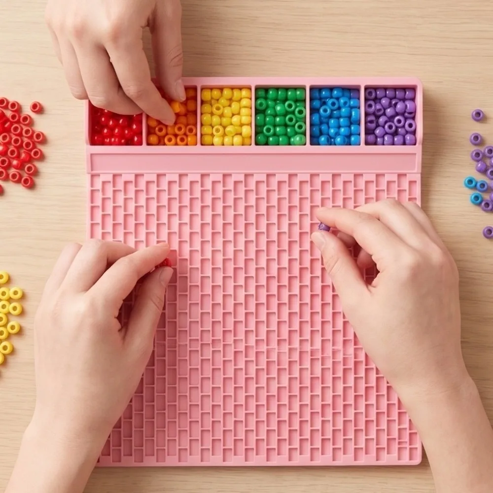 DIY Pony Beads Fast Stringing Tray Multi-Compartment Large Capacity Pony Bead Planning Tray Portable Pink Jewelry Design Board