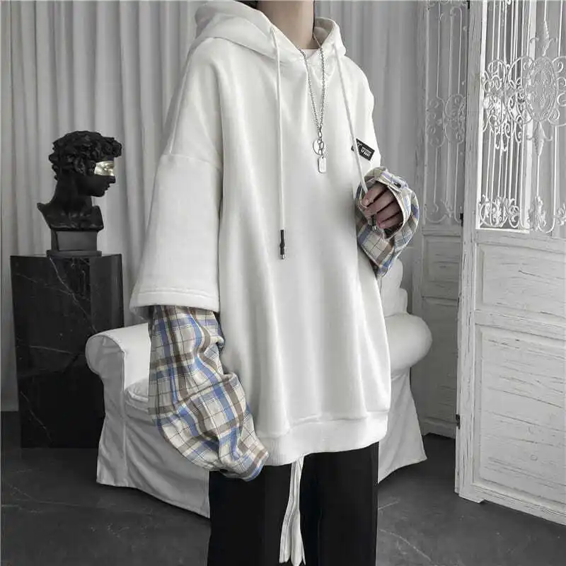 Fake Two Piece Plaid Patchwork Black White Oversize Harajuku Korean Fashion Casual 2022 Hoodie Long Sleeve Autumn Men Sweatshirt