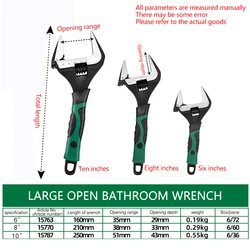 Llave ajustable de gran apertura para baño, herramienta de reparación manual de tubería, llave de fregadero de tuerca multifuncional, 6/8/10 pulgadas