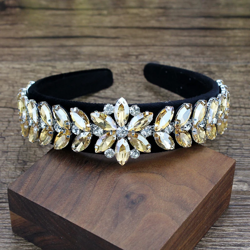 Handmade Rhinestone Hair Jewelry AB Gold Color Leaf Velvet Hairbands Luxury Crystal Headbands For Women