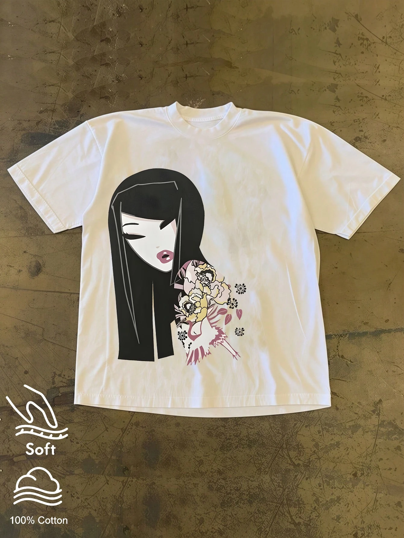Neck Short Sleeve T-Shirt, Flat Print of Long-Haired Lady, Floral and Crane Minimalist Illustration, Y2K New Chinese