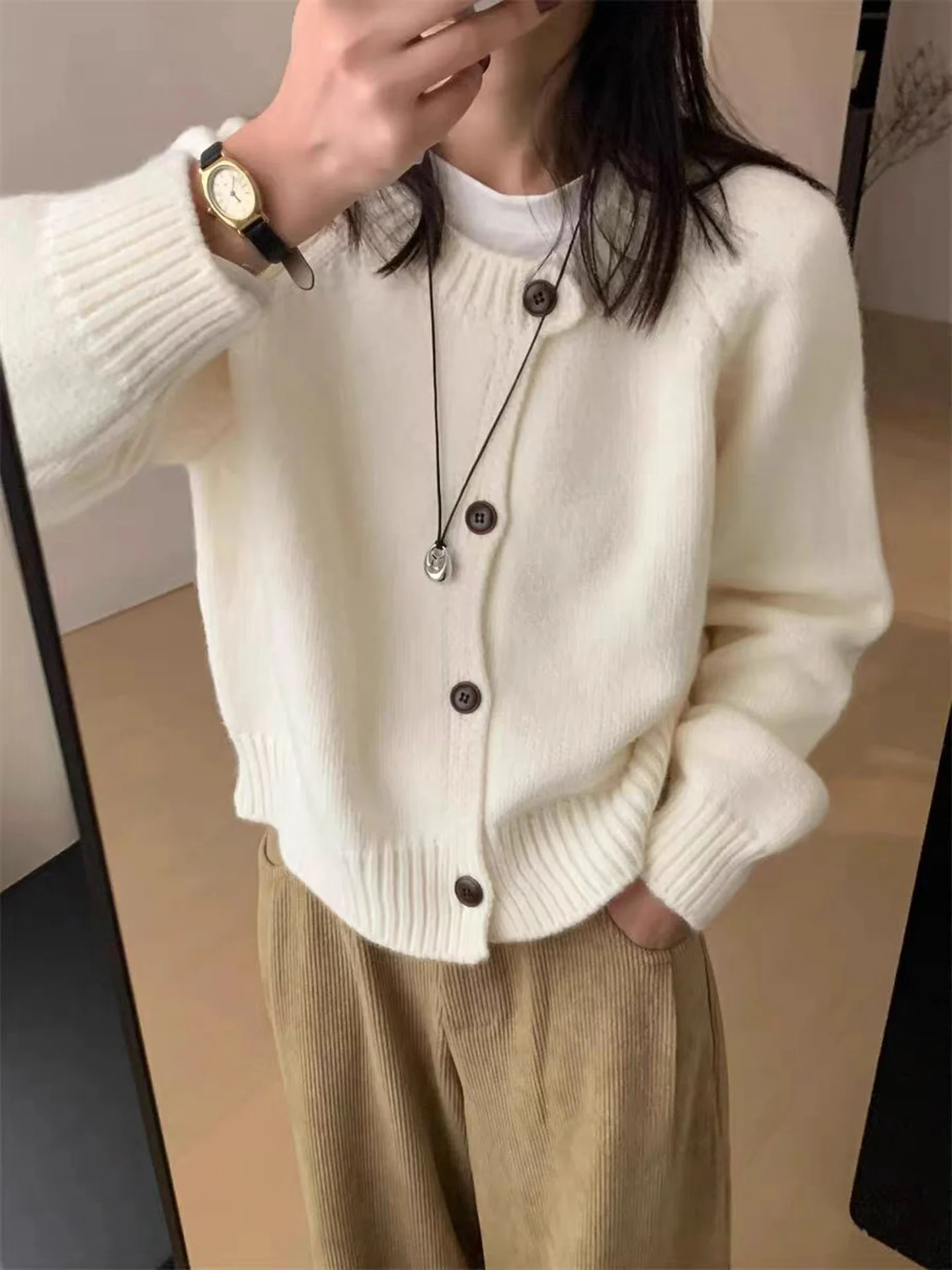 

Autumn Winter Women's Camere Sweater Outerwear Loose Long Sve Knitted Wool Thiened Open Cardigan Korean Sle Commute