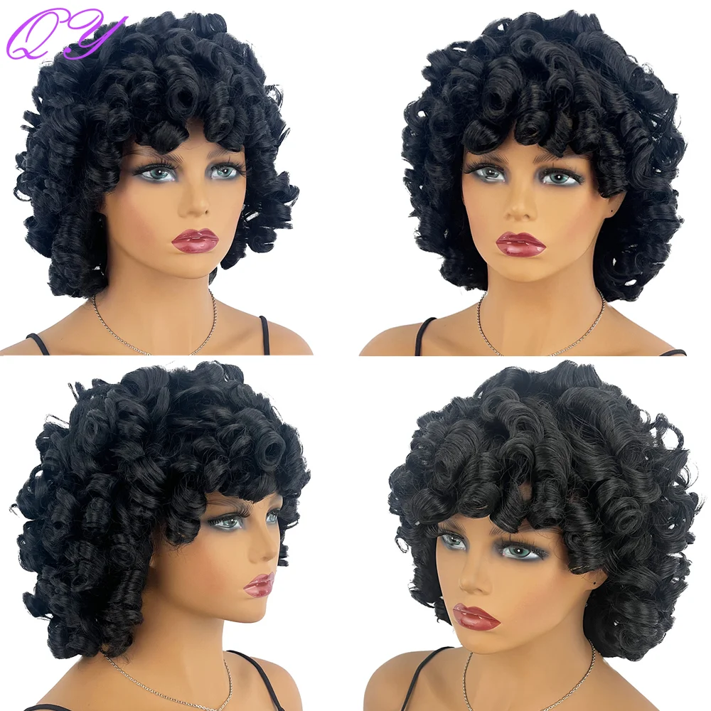 Short African Curly Synthetic Women's Wig Black Color Natural Wave Wig For Black Women Party Or Daily Wear Soft Ladies Hair