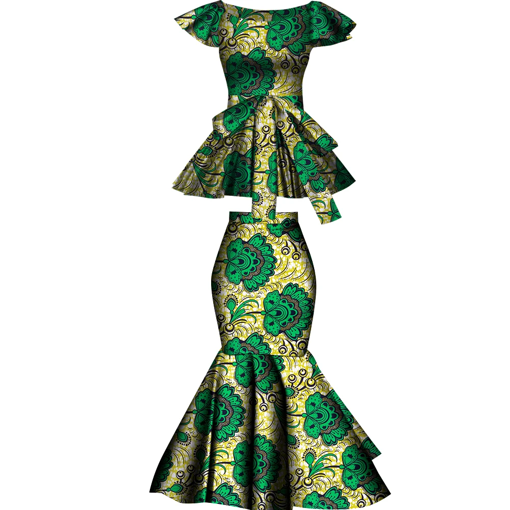 Conjunto africano de dos piezas, falda acampanada y Top Dashiki de algodón con estampado de cera, ropa de fiesta de talla grande WY10076