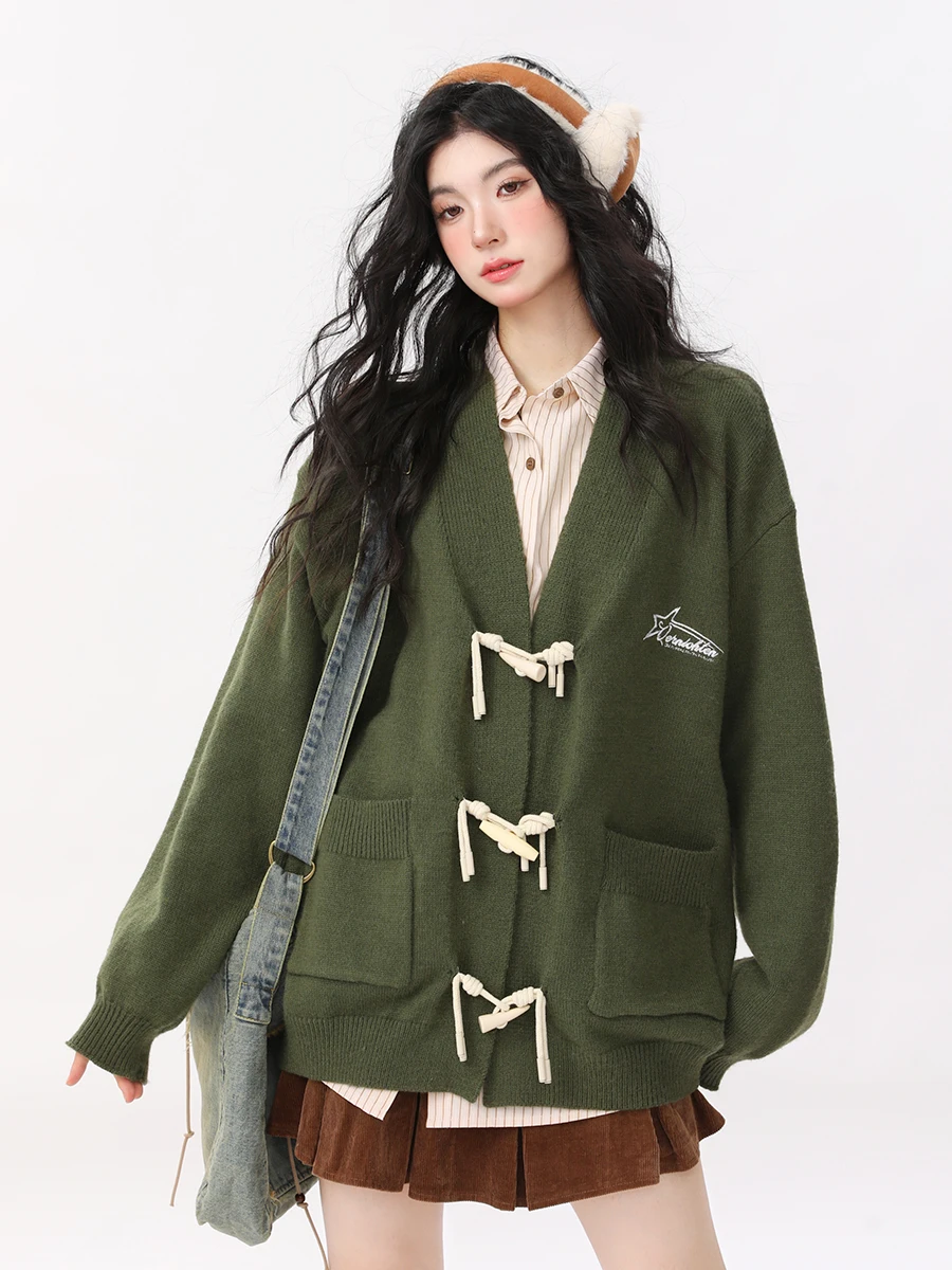 

Retro een Button-Up Cardigan Sweater Women's Loose Lazy Sle Knitted Outerwear V-Ne Long Sve Regular Fit Autumn Winte...