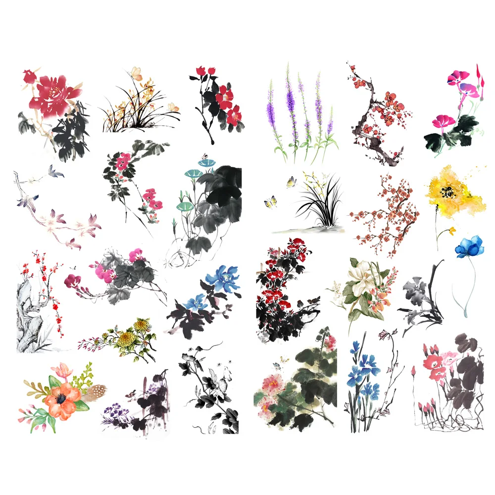 1 PCS Ink Painting Flowers Decor Cute Aesthetic Book Journal Stickers Scrapbooking Stationery Sticker Flakes Art Supplies