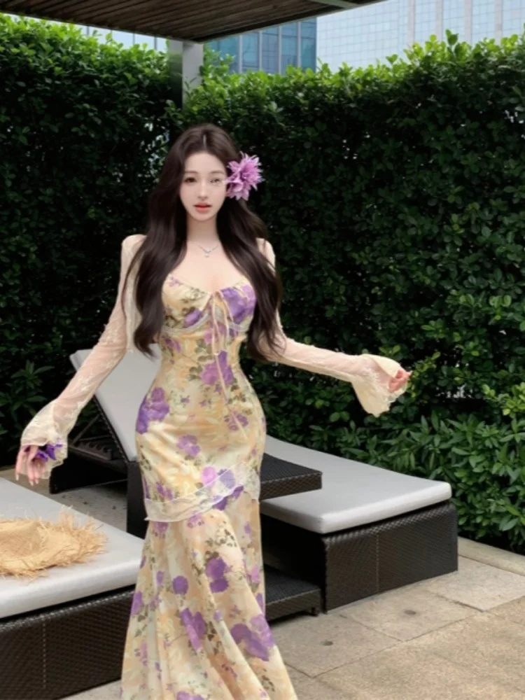 

Purple Floral Print ter Dr Women's Winter Gentle Slim Fit Fi Tail Skirt Vaion Waist Cinch Butt Cover Long Dr