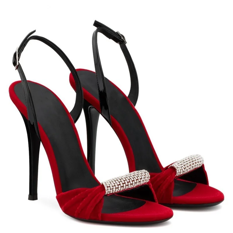 2024 New European and American Women\'s Black and Red Velvet Rhinestones Ultra-high Heel Sandals Dinner Shoes Fashion Women Shoes