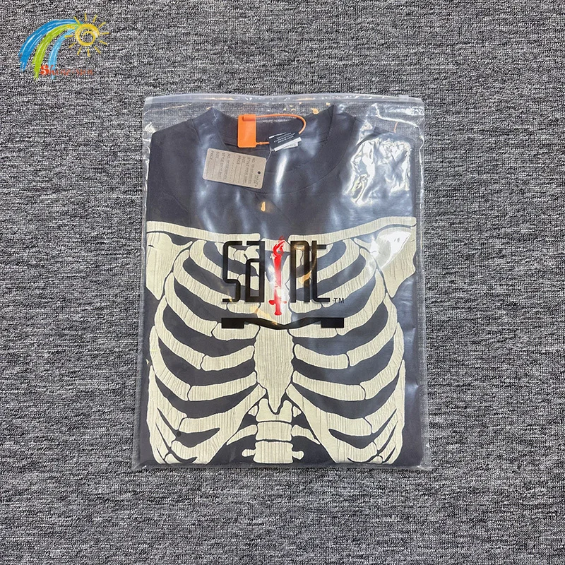 

Hip Hop Front And Back Cracked Skull Bones Print Saint Long Sleeve T Shirt Men Women Vintage Washed Black Oversized T-Shirt Tops