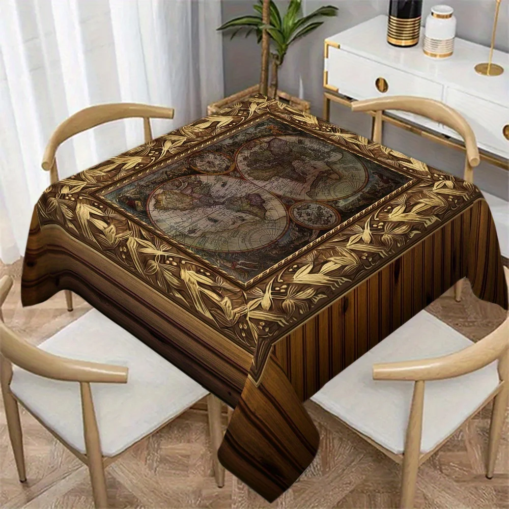 -1pc High-quality Wood Grain Medieval Ancient Map Pattern Simple European Style Pattern Tablecloth Square
