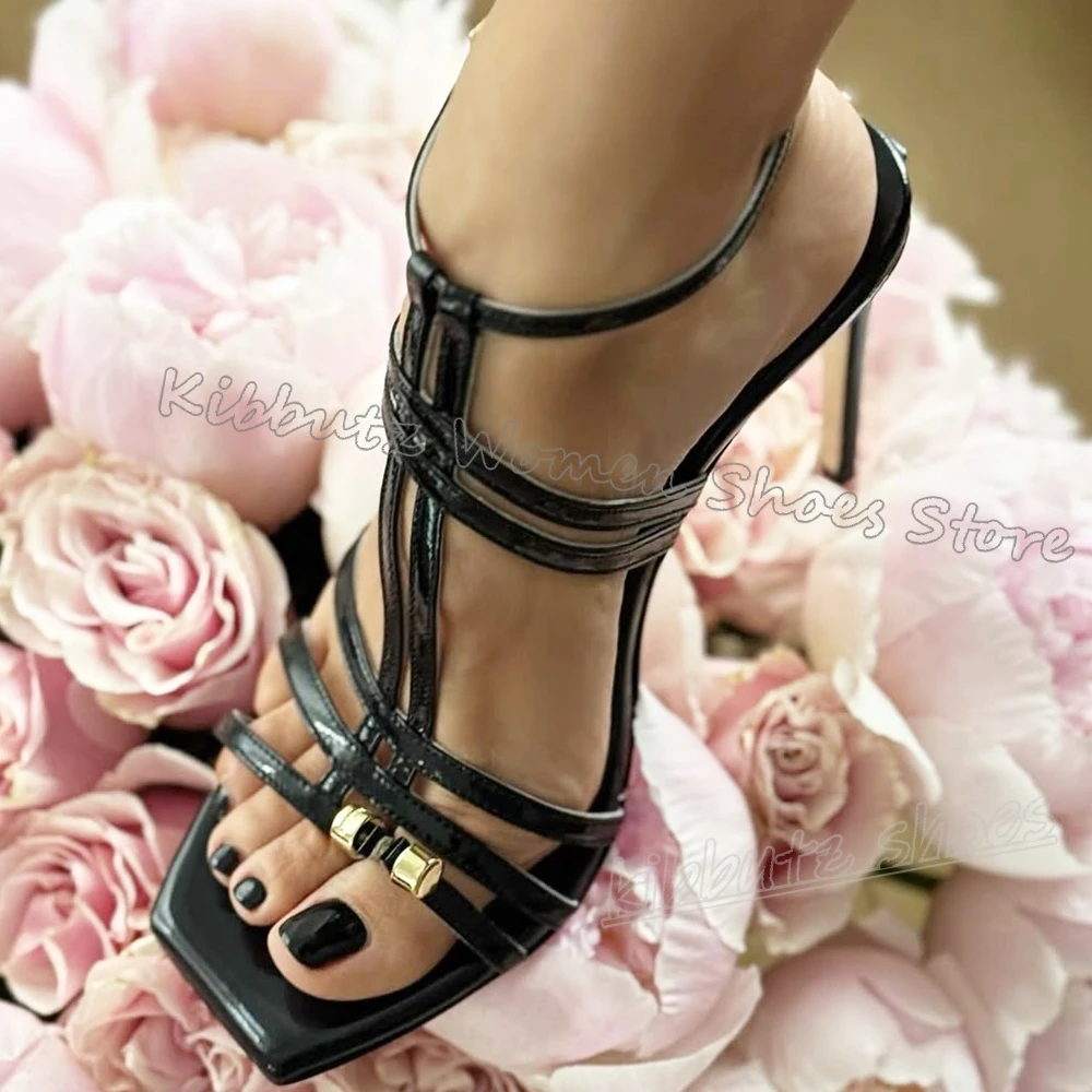 

Rivets Sandals Cross Strap Leather Solid Color Square Toe Thin High Heels Fashion Elegant Concise Sexy Novelty Women Shoes New