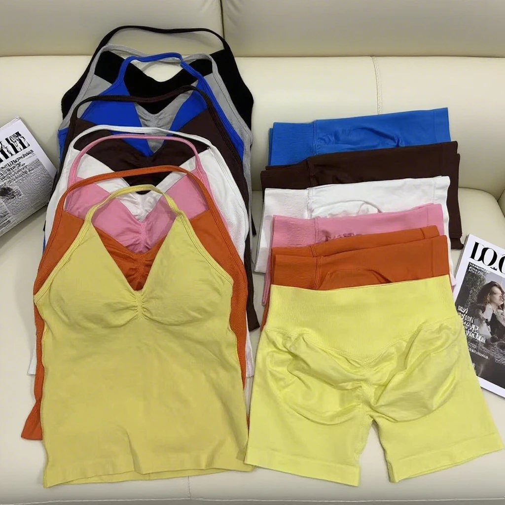 

Summer Comfortable and Fashionable Yoga Set, Women's 2-piece Set, Long Neck Vest Plus Hip Lift Fitness Shorts Set, Bicycle Set.