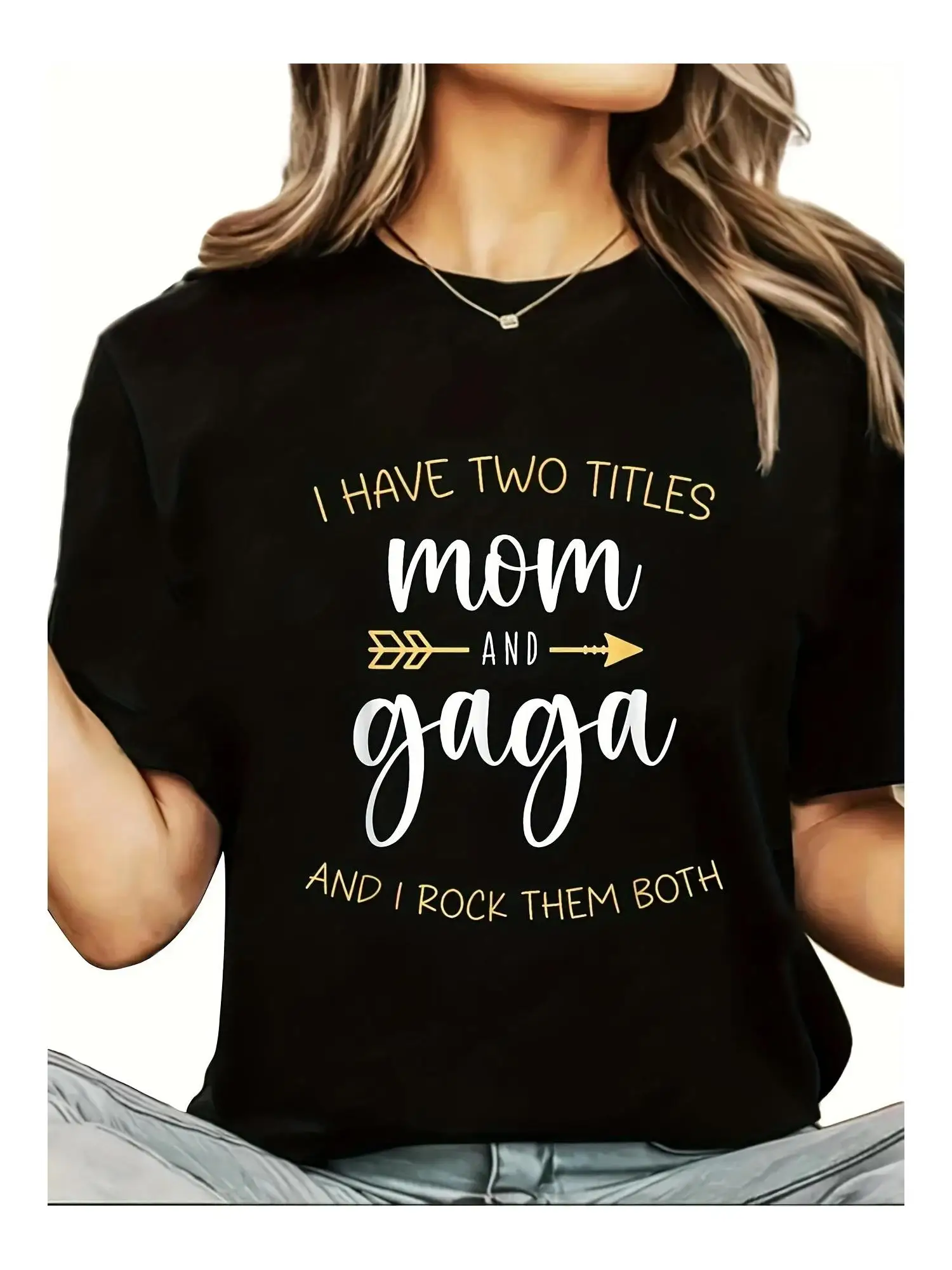 

Women's "Mom and Gaga" Graphic T-Shirt Black Casual Short Sleeve Tee with Fun Lettering Perfect for Spring/Summer/Fall