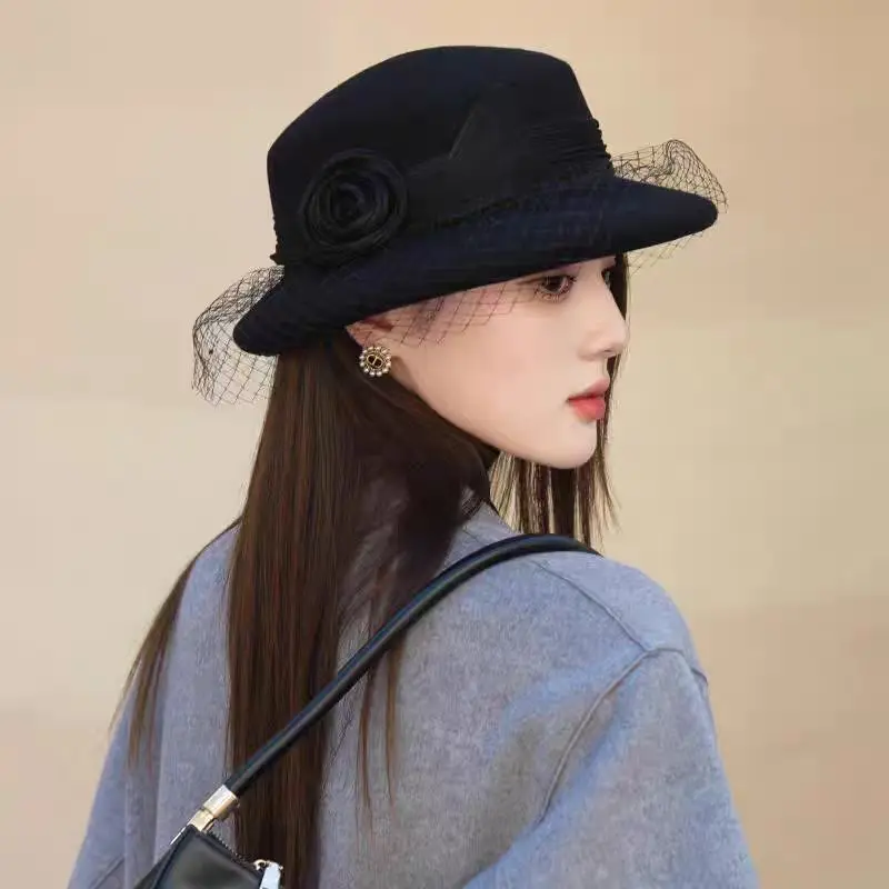 Autumn Winter 100% Wool Hat Bell Hat Women's French Elegant Retro Hepburn Celebrity Mesh Wool Felt Bucket Hat