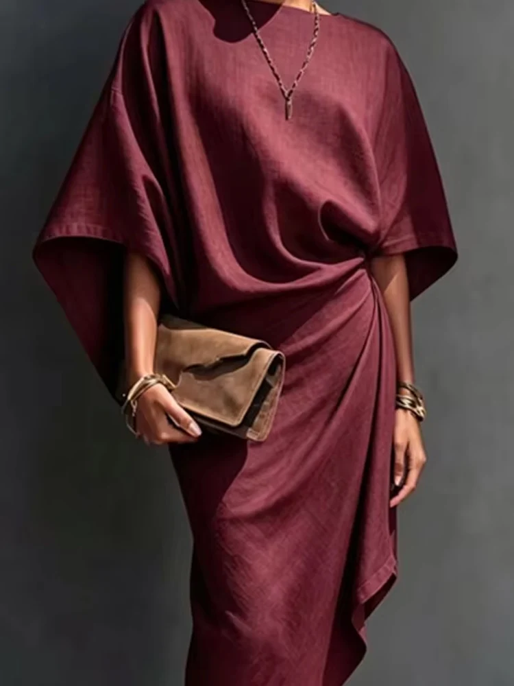 Image of Damen Casual Fledermausärmel Plissiertes Partykleid Mode Hochgeschnittenes Einfarbiges Maxikleid Herbst Elegantes O-Ausschnitt Asymmetrisches Langes Kleid