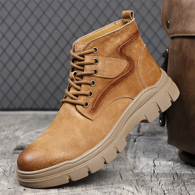 Men High‑Top Work Boots 2026 Autumn Winter New British Retro Plush Lined Leather Shoes Casual Sports Wear‑Resistant Outdoor Ankl