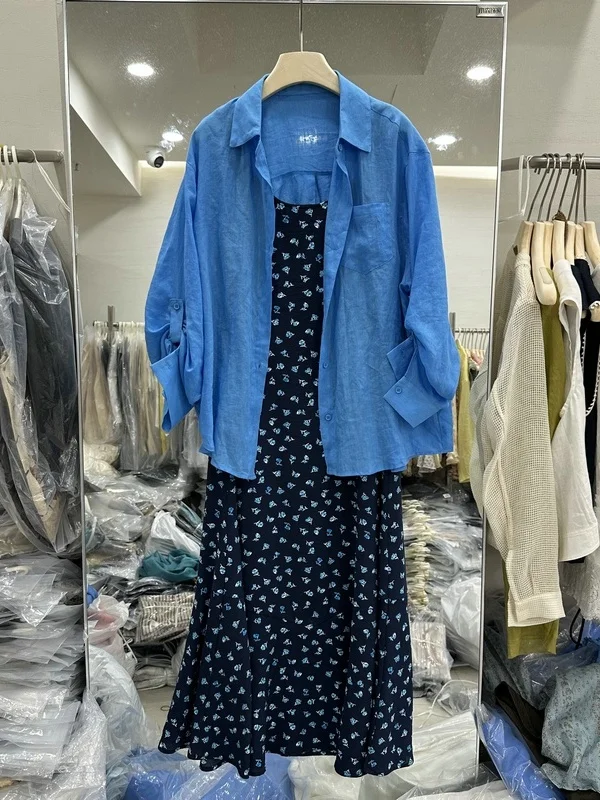 

Korean Style Sun Protection Silk Linen Floral Skirt Set Women's Mid-Length Shirt And Strapless Dress Summer Fashion Outfit