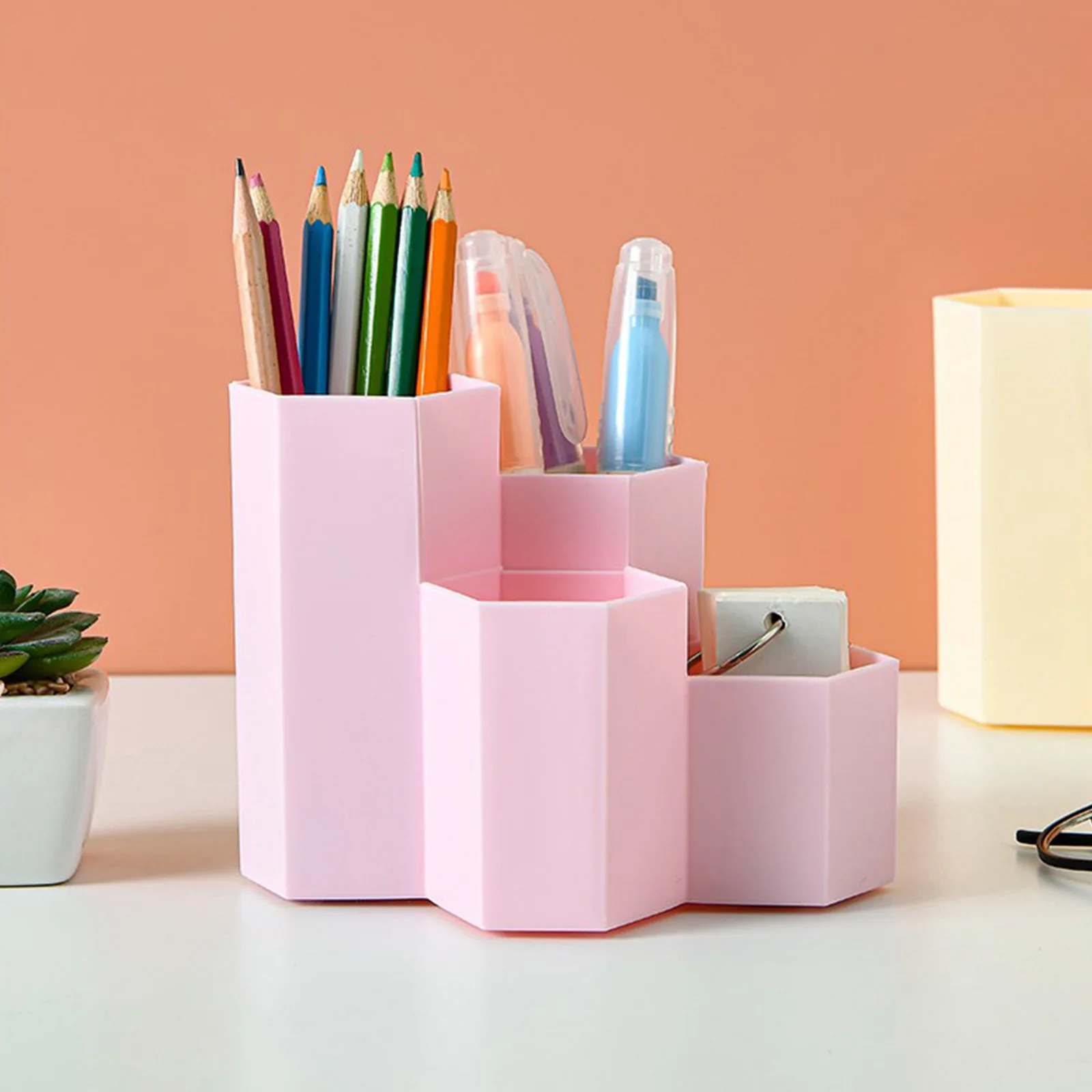 1pc Hexagonal Pen Desktop Organizer Pink Storage Container Pencil Pot Stationery Makeup Storage Container Tools Student Gift