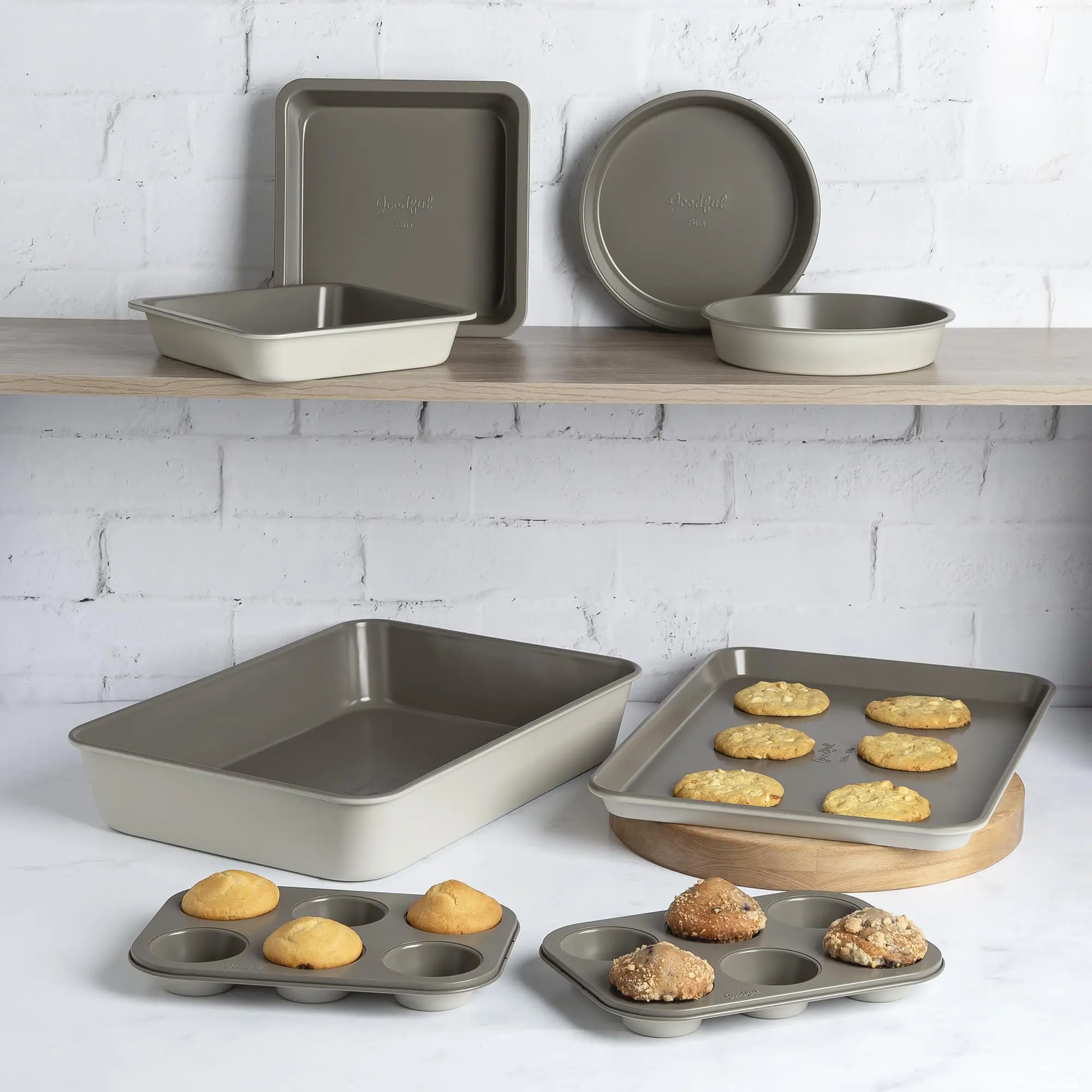 All-In-One Nonstick Bakeware Set, Stackable and Space Saving Design includes Round and Square Pans, Muffin Pans, Cookie Sheet an