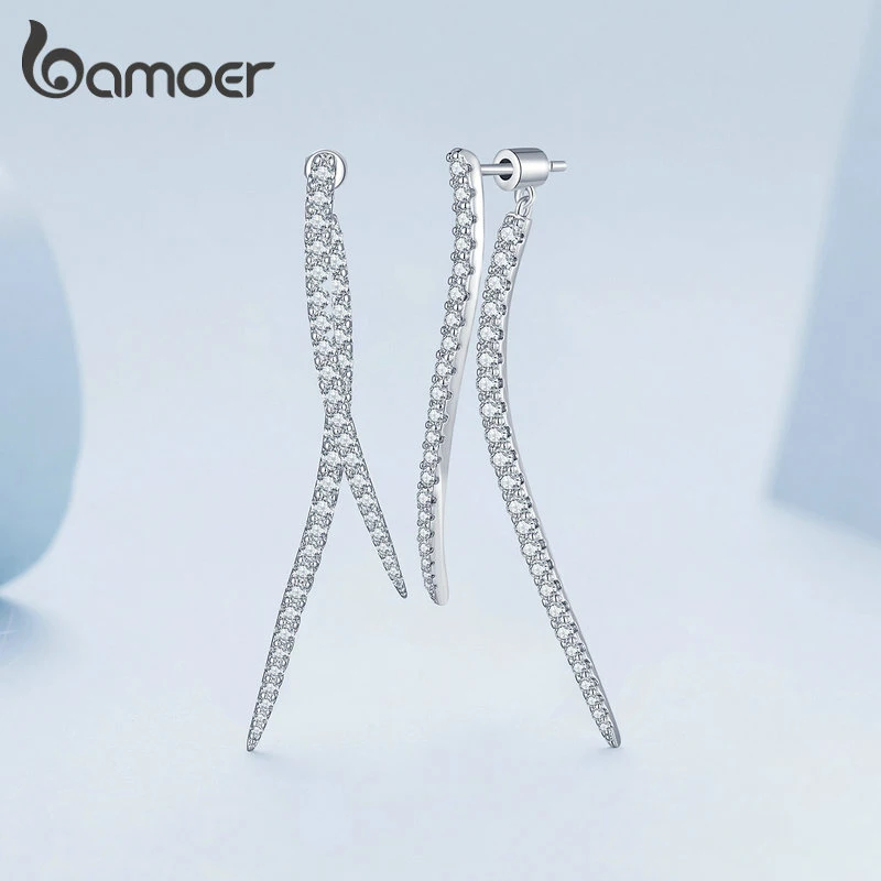 Bamoer Long Tassel Stud Earrings Two Pieces Earrings Platinum Plated for Women Party Fashion Jewelry