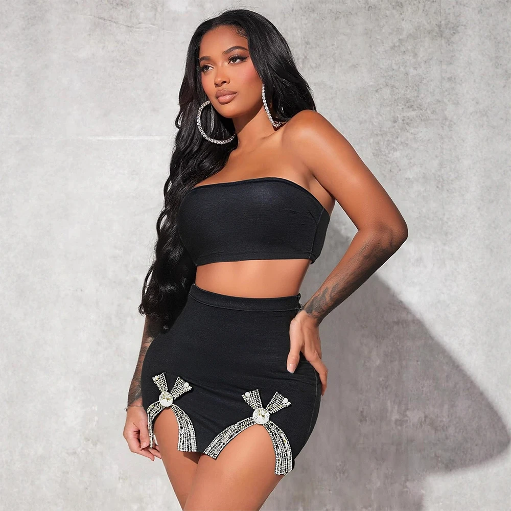 

Womens Sexy Skirt Outfits Sleeveless Backless Cami Tops and Rhinestone Bowknot Casual Mini Skirt Set for Cocktail Evening Party