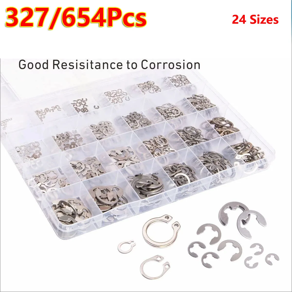 

327/654Pcs Stainless Steel Snap Ring Retaining C-clips Sealing Gasket Fasteners Kit E-type/C-type Clips Washer Set Car Accessory