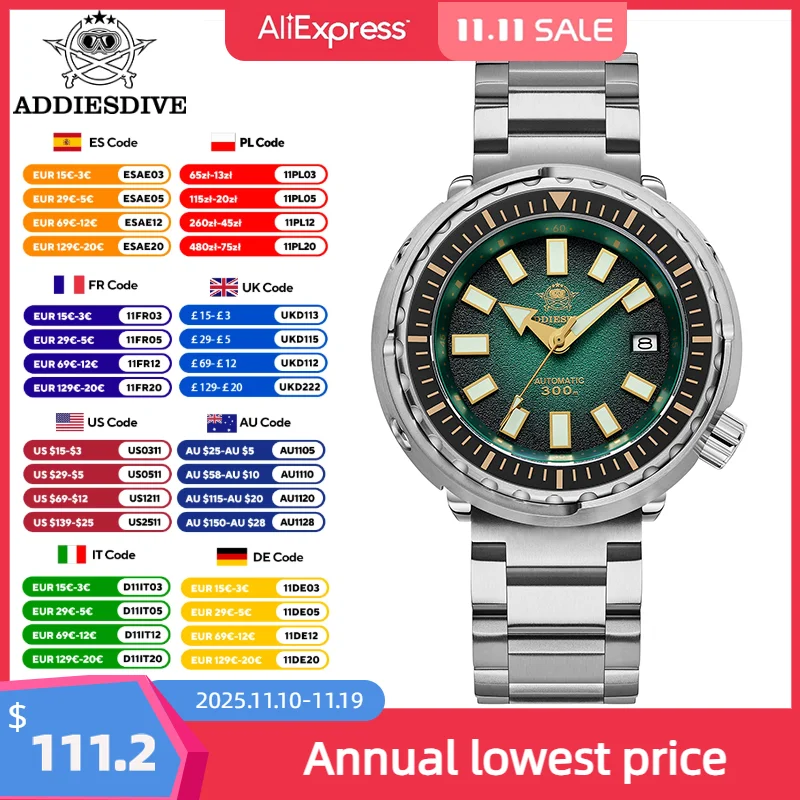 ADDIESDIVE nuevos relojes mecánicos 300m reloj de buceo resistente al agua cristal de zafiro de lujo NH35 AR relojes automáticos recubiertos para hombres