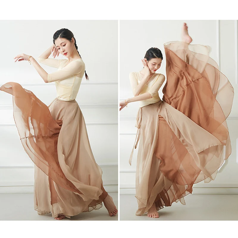 Flowy Chiffon Chinese Classical Dancewear 800-100cm Long Skirt Double Layer Large Swing Ethnic Dance Stage Performance Costume